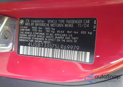 2005 BMW Z4 2.5I из США, поврежденный, VIN 4USBT33575LR69979